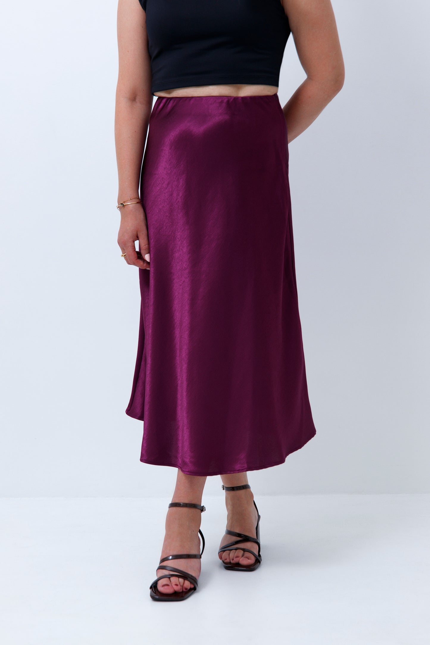 Plum purple satin skirt for petites on a white background