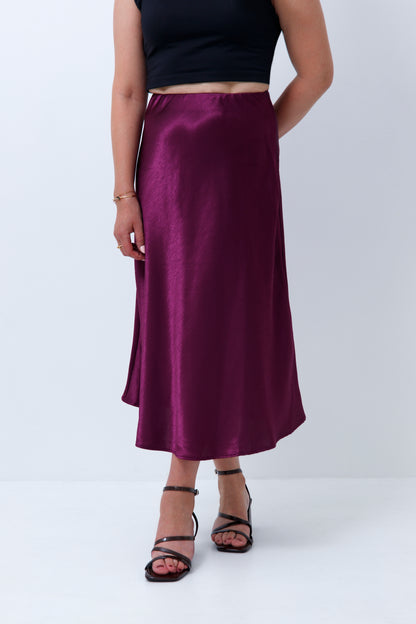 Plum purple satin skirt for petites on a white background